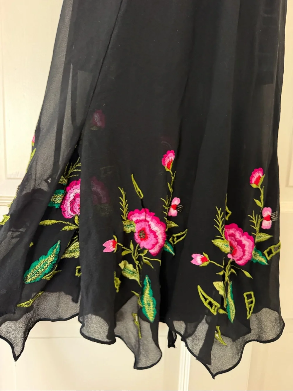 Cache Black Maxi Dress with Pink & Green Floral Embroidery (similar to Sue Wong) - Picture 5 of 6